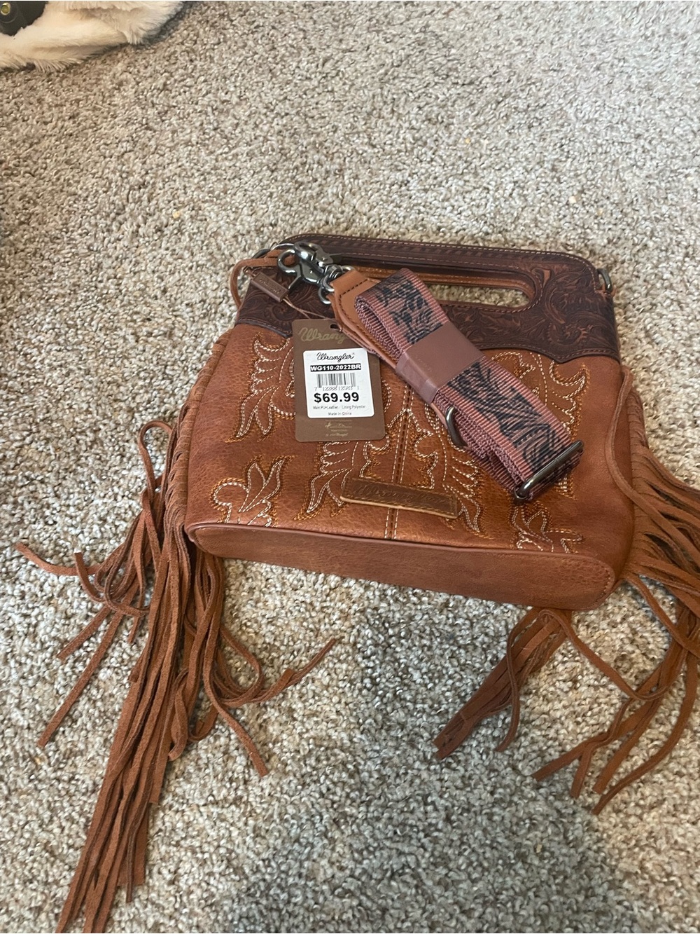 Wrangler Brown Leather Fringe Shoulder Bag with Embroidered Detail